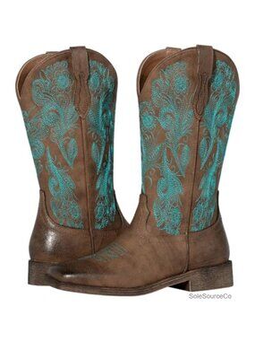 Women's Floral Embroidered Cowboy Boots Square Toe